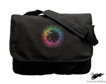 Celestial Rainbow, Moon Messenger Bag, Rainbow Moon Embroidered Canvas Messenger Bag, Moon Bag, Celestial Moon Bag
