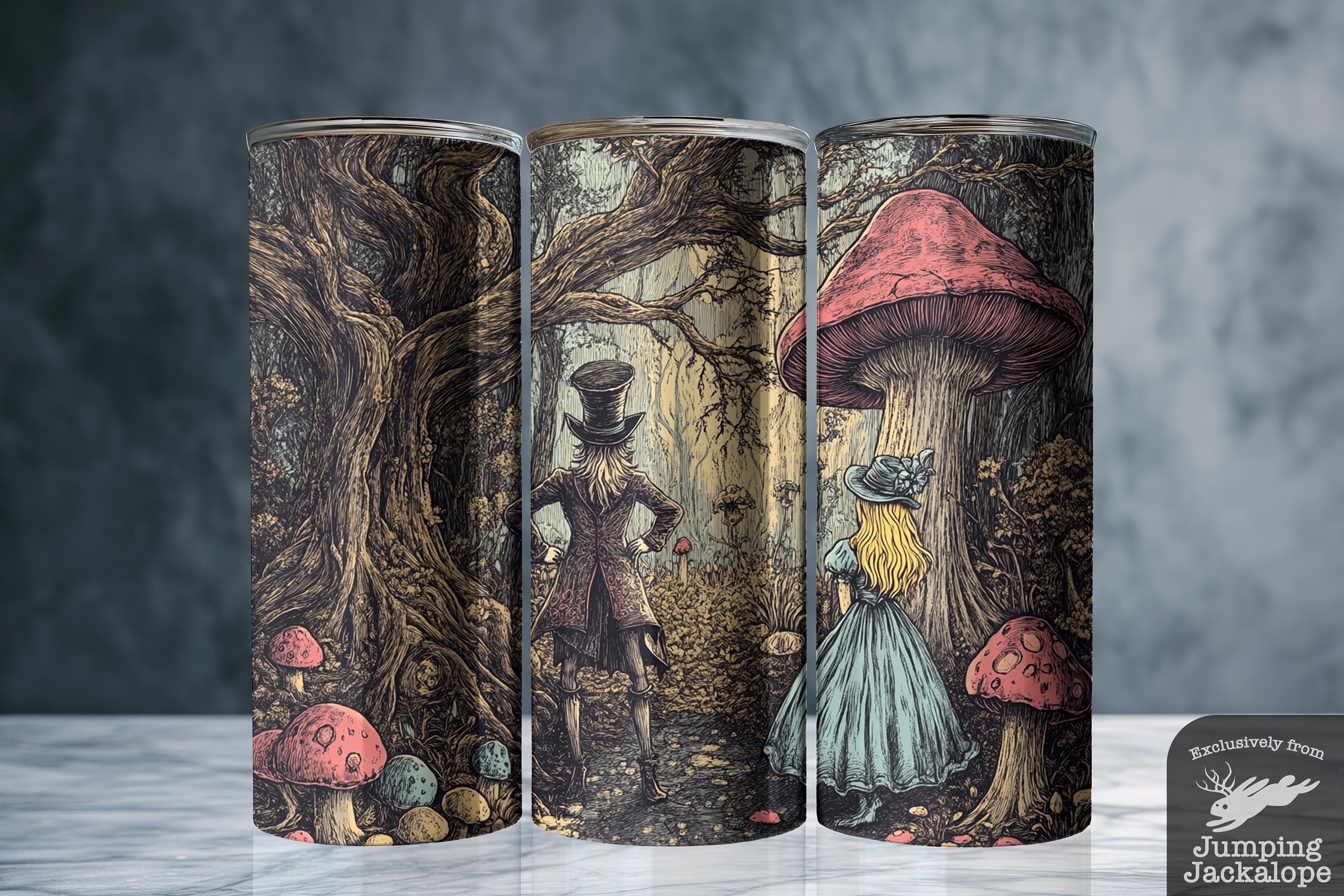 Into Madness Tumbler – 20oz Alice and the Mad Hatter in Twisted Forest | Eerie Wonderland Gift