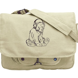 Bear with Headphones Canvas Messenger Bag, Rockin Bear Embroidered Canvas Messenger Bag
