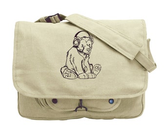 Bear with Headphones Canvas Messenger Bag, Rockin Bear Embroidered Canvas Messenger Bag