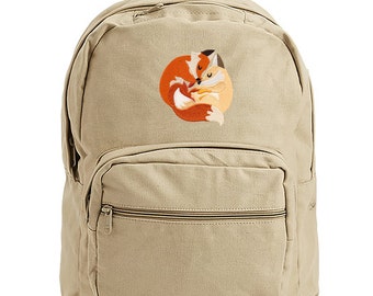 Fox School Bag, Fox Bookbag, Fox Canvas Backpack, Colorful Fox Bag, Snuggly Foxes Embroidered Canvas Backpack with Leather Accents