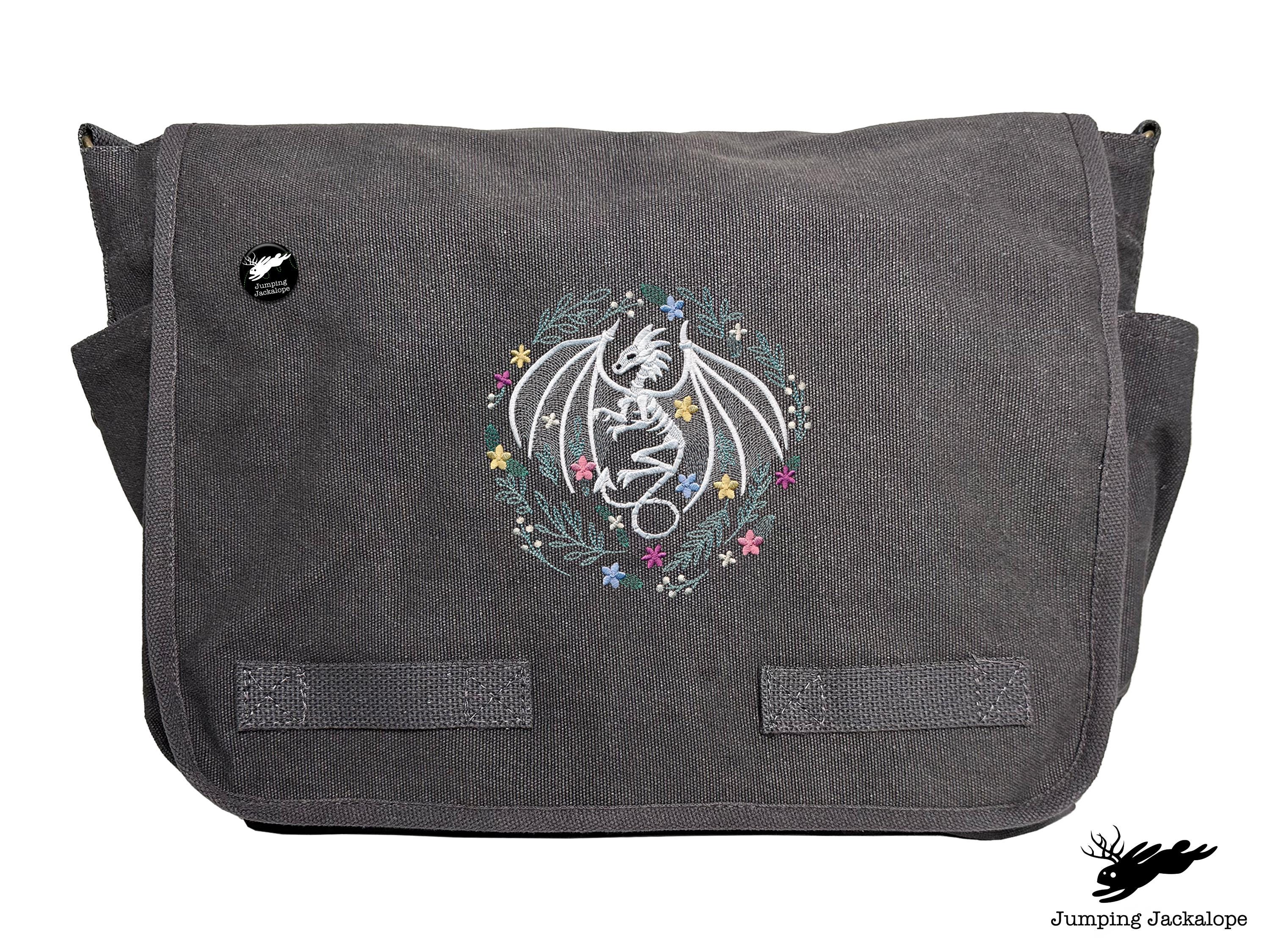 Floral Dragon Skeleton Embroidered Classic Canvas Messenger Bag, Dragon Bag, Colorful Dragon