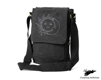 Vintage Celestial - Sun and Moon Embroidered Canvas Tech, Tablet, iPad, Kindle, Fire, Camera Bag