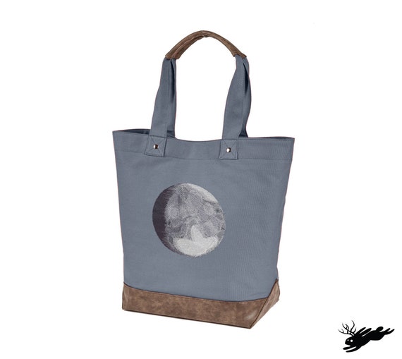 Lunar Light Bag, Moon Tote, Moon Embroidered Canvas Tote With