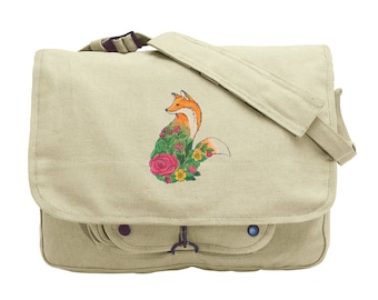 Floral Fox Embroidered Canvas Messenger Bag