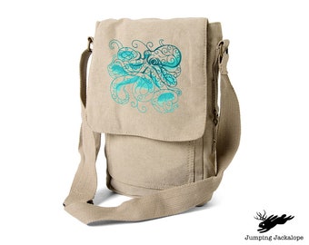 Aqua Marine - Pulpo, bolso con pulpo, bolso de lona con bordado de pulpo para tecnología, tableta, iPad, Kindle, Fire, cámara