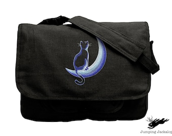 Crescent Moon Glow Cat Embroidered Canvas Messenger Bag,  Cat Bag, Cat Moon Bag