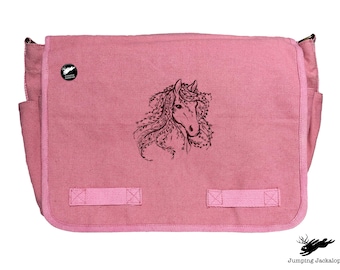 Untamed Beauty Horse Embroidered Classic Cotton Canvas Messenger Bag, Horse Bag, Equestrian Bag