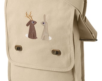 Jackalope and the Rabbit Canvas Embroided Field Bag