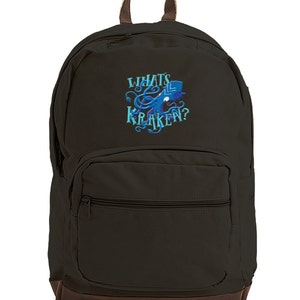 Octopus Bag, Octopus School Bag, Octopus Book Bag, Kraken Laptop Bookbag, What&#39;s Kraken? Embroidered Canvas Backpack with Leather Accents