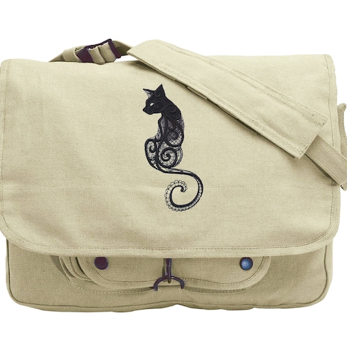 Reading Cat Kitty Design Bag Embroidered Canvas Messenger Etsy