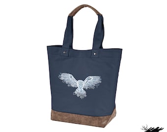 Snow Baroque Owl Embroidered Canvas Tote with Vegan Leather Accents