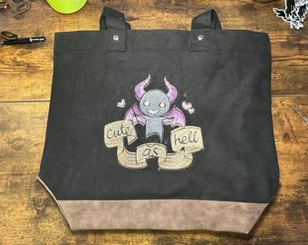 MiSFitS - Wicked Cute Spooky for Life, Bat Embroidered Canvas Tote with Vegan Leather Accents - Black Bag