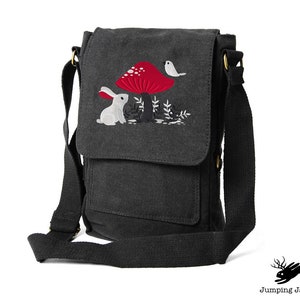 A Curious Find - Bunny Mushroom Embroidered Canvas Tech, Tablet, iPad, Kindle, Fire, Camera Bag