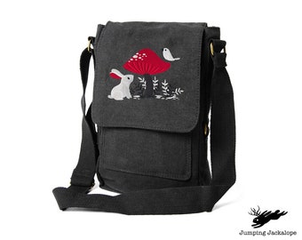 A Curious Find - Bunny Mushroom Embroidered Canvas Tech, Tablet, iPad, Kindle, Fire, Camera Bag