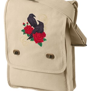 Ravens and Roses Embroidered Canvas Field Bag