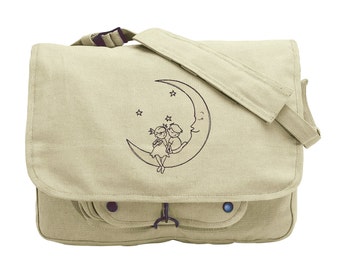 Sweet Dreams, Boy, Girl, Moon Embroidered Canvas Messenger Bag