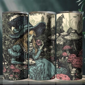Alice in Wonderland Gothic Tumbler – 20oz Sublimated Cup with Lid & Straw | Vintage Fairytale Tea Scene | Customizable Gift