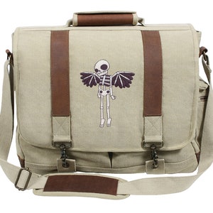 Winged Skeleton Laptop Bag, Skeleton Embroidered Skull Bag,  Skull Canvas with Leather Accents Premium Laptop Bag