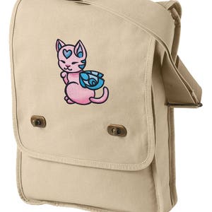 Charmed Creatures - Borsa da campo in tela ricamata con gattino
