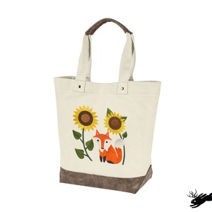 Fox in Sunflowers bestickte Canvastasche mit Akzenten aus veganem Leder