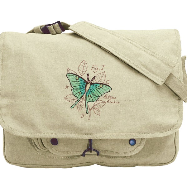 Miniature Menagerie Luna Moth Diagram Embroidered Canvas Messenger Bag