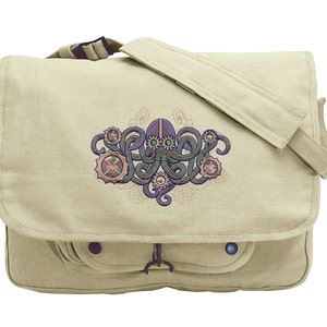Mechanica Aquatica Steampunk Octopus Embroidered Canvas Messenger Bag