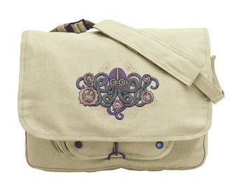 Mechanica Aquatica Steampunk Octopus Embroidered Canvas Messenger Bag