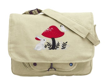 A Curious Find - Rabbit Bird Mushroom Embroidered Canvas Messenger Bag