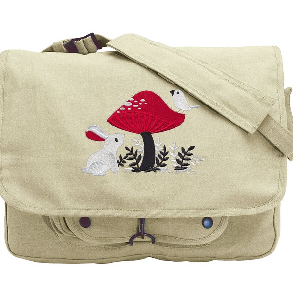A Curious Find - Rabbit Bird Mushroom Embroidered Canvas Messenger Bag