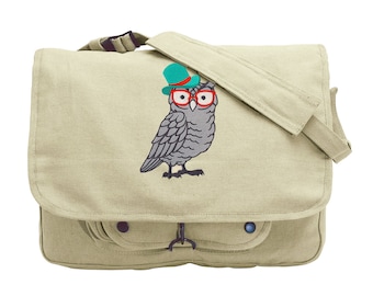 Nerdy Owl Messenger Bag, Owl Canvas Bag, Nerd, Brainy, Geek Owl, Brainy Owl in Glasses Embroidered Canvas Messenger Bag