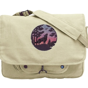 Wolf Bag, Wolf Messenger Bag, Wolf Silhouette at Sunset Embroidered Canvas Messenger Bag
