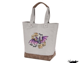 Wicked Cute - Spooky for Life, Bat Embroidered Canvas Tote with Vegan Leather Accents