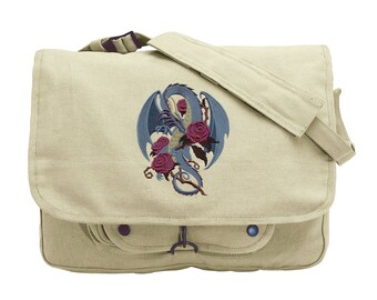 Dragon Bag, Rose Dragon Embroidered Canvas Messenger Bag
