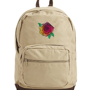 Rose School Bag, Rose Bookbag, Rose Canvas Backpack, Colorful Rose Bag, Blazing Rose Embroidered Canvas Backpack with Leather Accents