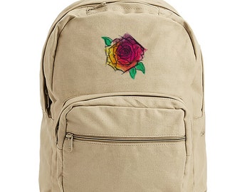 Rose School Bag, Rose Bookbag, Rose Canvas Backpack, Colorful Rose Bag, Blazing Rose Embroidered Canvas Backpack with Leather Accents