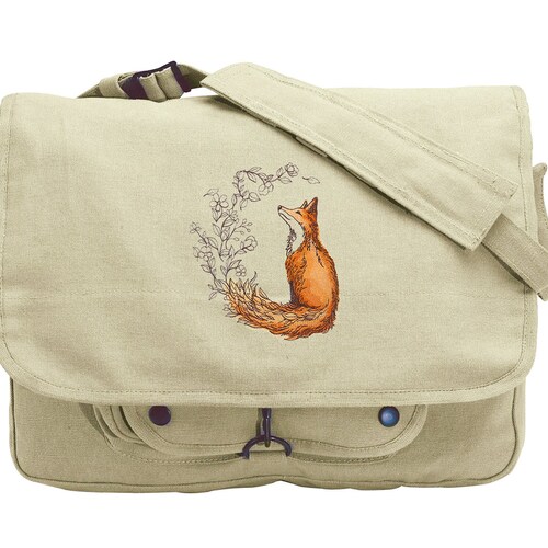 Filigree Fox Embroidered Canvas Messenger Bag Etsy