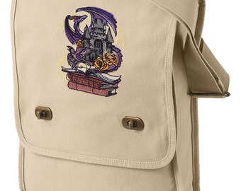 Dragon Bag, Book Bag, Fantasy Field Bag, Tomes of Imagination Embroidered Canvas Field Bag