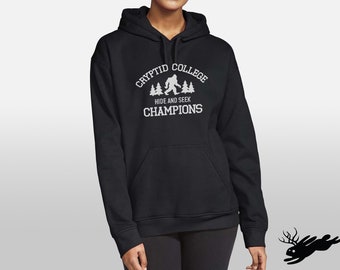 Cryptid College Embroidered Hoodie, Yeti Pull Over Sweatshirt, Big Foot Black Text Hoodie