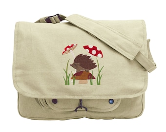 Hedgehog in Mushrooms Embroidered Canvas Messenger Bag