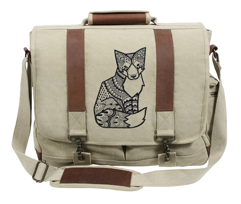 Doodle Fox Embroidered Canvas with Leather Accents Premium Laptop Bag