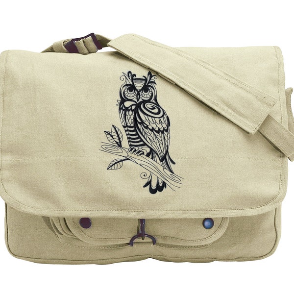 Sage Owl (Blackwork) Embroidered Canvas Messenger Bag