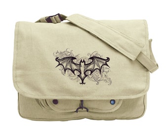 Elegant Bat Embroidered Canvas Messenger Bag
