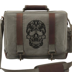 Skull Laptop Bag, Embroidered Skull Bag, Lacy Skull Embroidered Canvas Messenger Bag, Skull Canvas with Leather Accents Premium Laptop Bag
