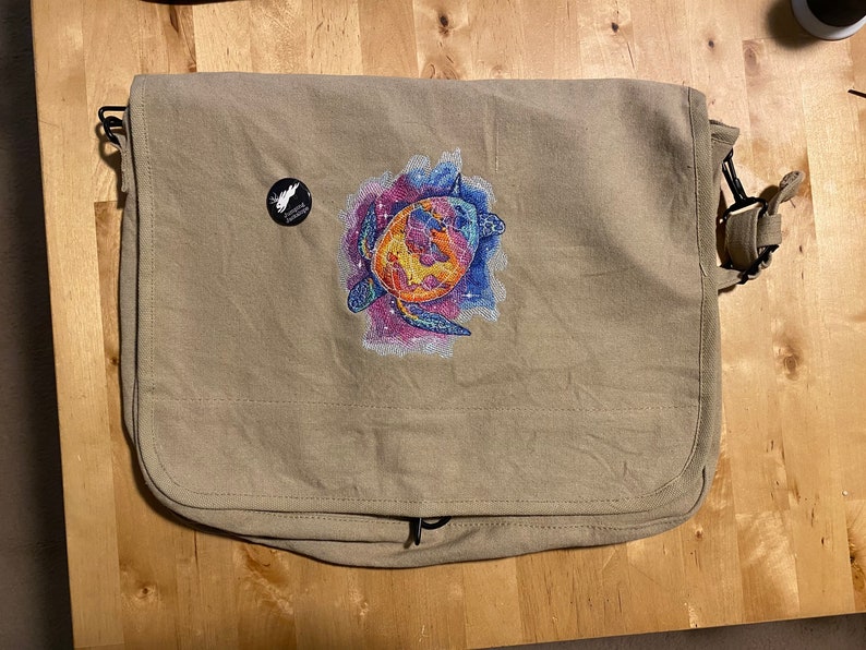 MiSFitS Celestial Sea Turtle Embroidered KHAKI Canvas Messenger Bag image 1