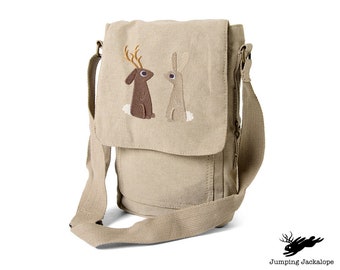 The Jackalope and Rabbit Embroidered Canvas Tech, Tablet, iPad, Kindle, Fire, Camera Bag