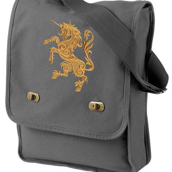 Unicorn Embroidered Canvas Field Bag, Gilded Heraldry - Unicorn Embroidered Canvas Field Bag