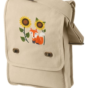 Fox in Sunflowers Embroidered Canvas Field Bag