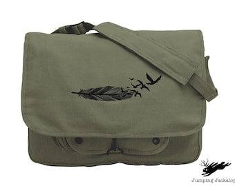 Flight as a Feather, Feather Messenger Bag, Bird Feather Embroidered Canvas Messenger Bag, Birds Bag, Feather Bag