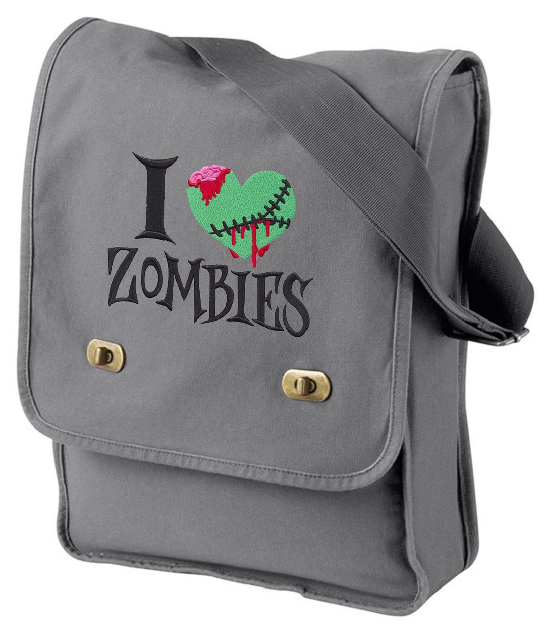 Zombies Bag, Walking Dead Messenger Bag, I Heart Zombies Embroidered